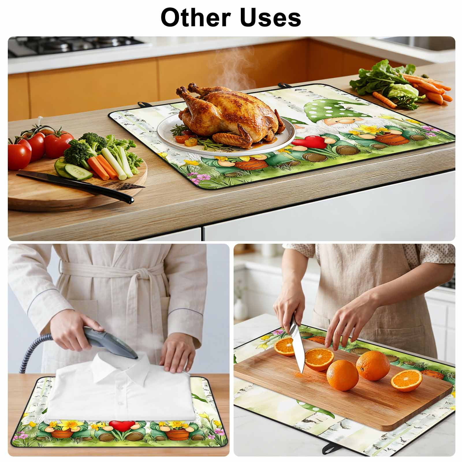 Cute Green Gnomes Stove Top Cover for Electric Stove, Heat-proof & Non Slip Glass Top Stove Cover Protector, Flowers Forest Heart Vintage Kitchen Flat Cooktop Rubber Mat 24x21 Inches