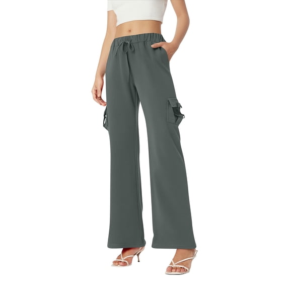 Womens Cargo Pants with Pockets Petite Fit High Waisted Flare Yoga Gym Trousers Dark Gray 2XL