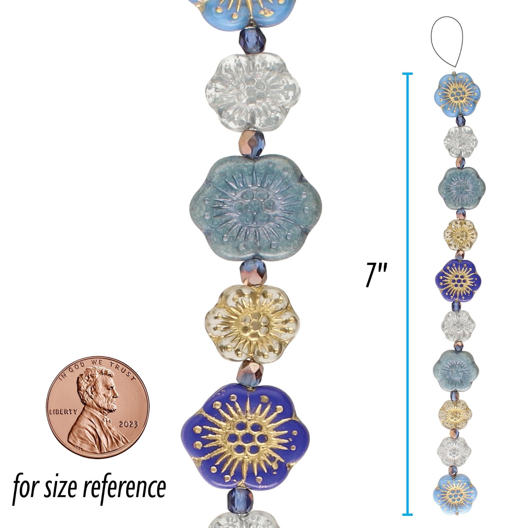 The Beadsmith Czech Glass Strands - High Quality, Pressed & Table Cut Beads – 6 x 7-Inch Strands, 19 Beads Per Strand – Blue New Gardens Mix – For Jewelry Making, Decorations & DIY Crafts