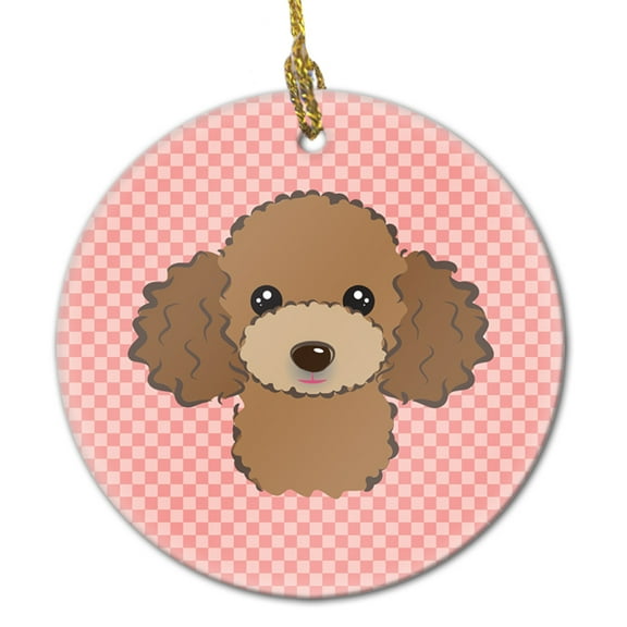 Checkerboard Pink Chocolate Brown Poodle Ceramic Ornament