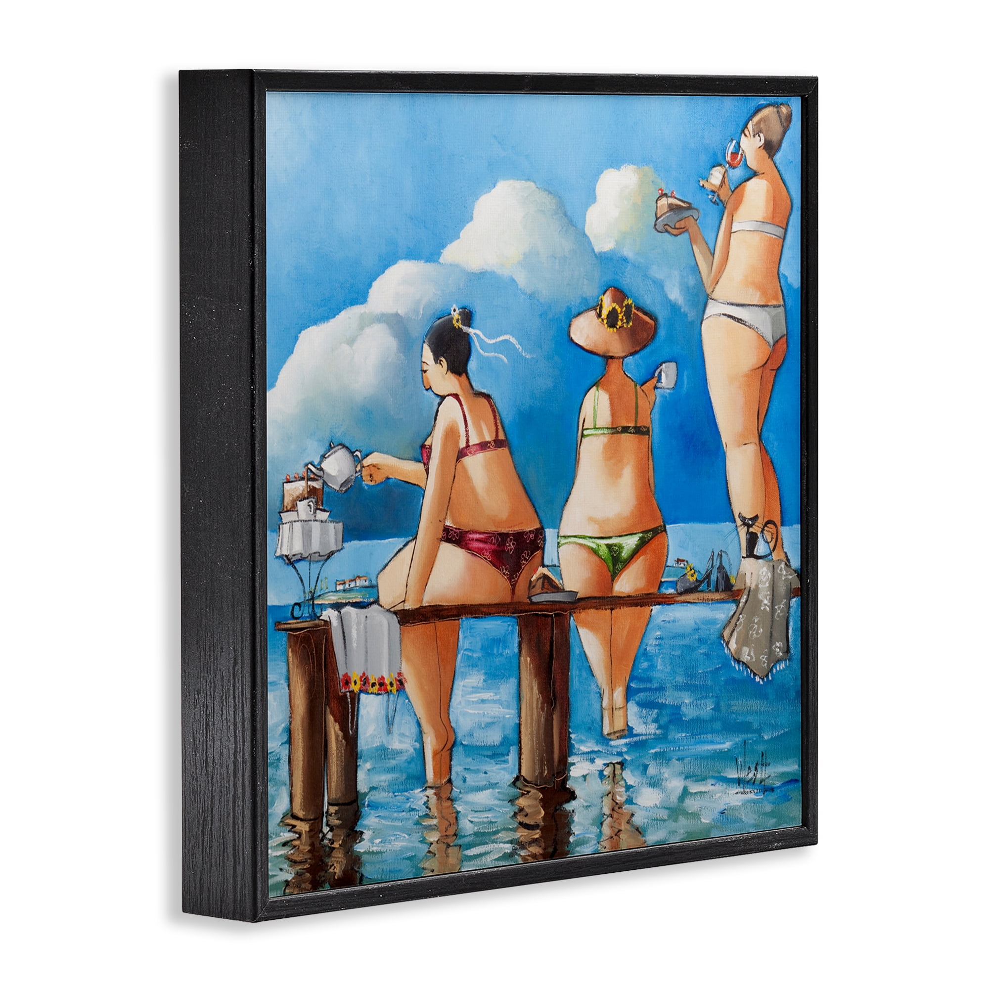 Tea Break On The Jetty Black Framed Giclee Art, design by Ronald West