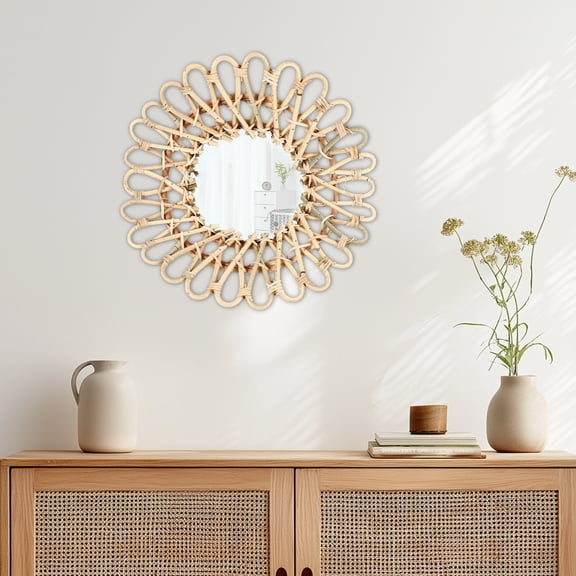 Rattan Round Mirror,Wall-Mounted Mirrors,Creative Art Deco Mirror Living Room Wall Hanging Mirror Bathroom Toilet Mirror Nordic Primary Colors Wicker Sunflower Circular Wall Mirror