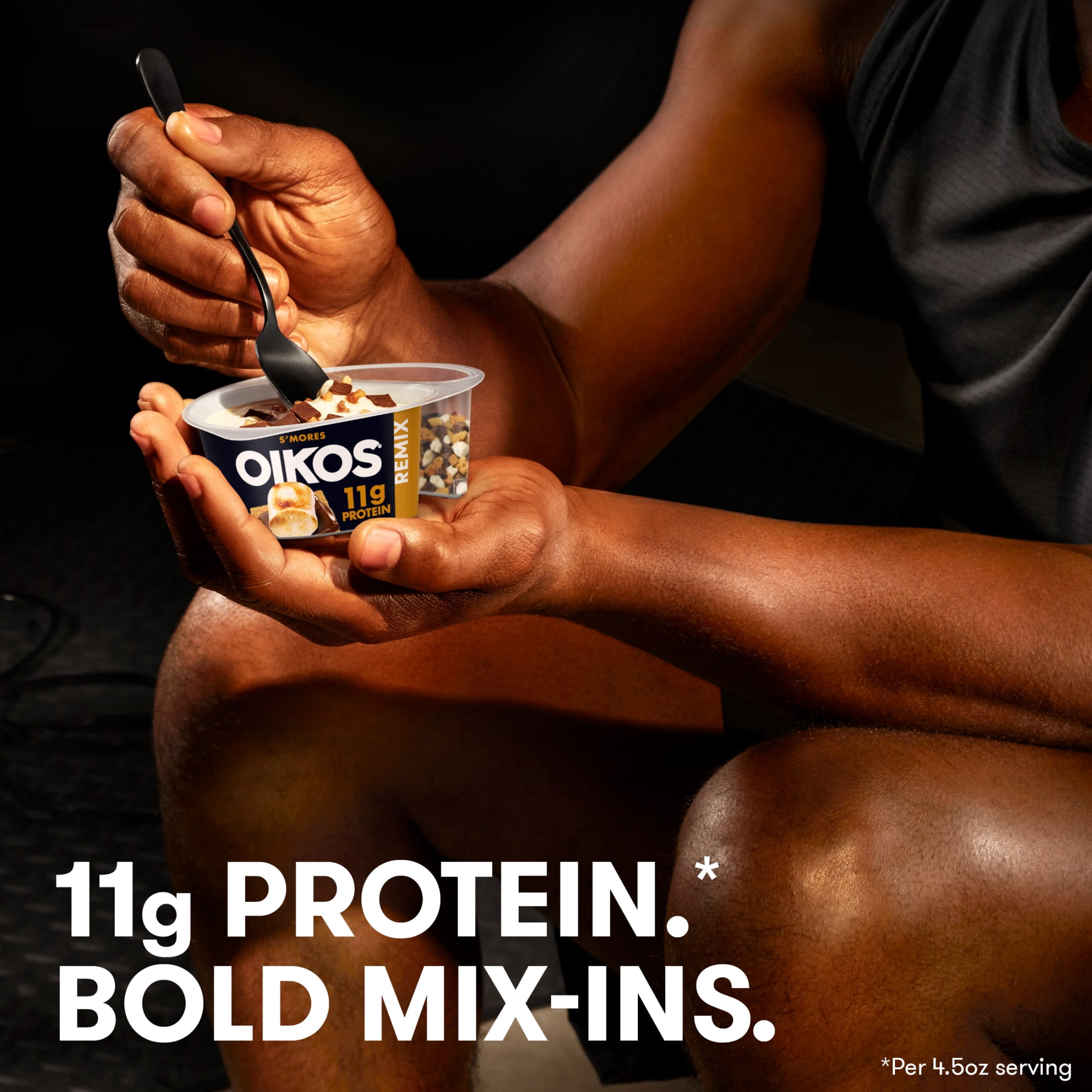 Oikos REMIX S'mores 11g Protein Vanilla Nonfat Greek Yogurt with Graham Cookies, Dark Chocolate and Toasted Marshmallow Bark Mix-Ins, 120 Calories, Great for Office Snacks, 4.5 oz Cup
