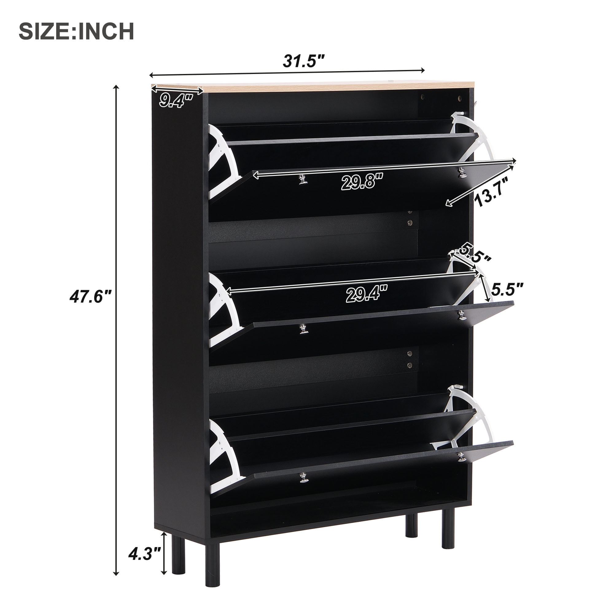 Narrow Shoe Cabinet with 3 Flip Drawers Adjustable Entryway Organizer with 3 Hooks, Free Standing Shoe Rack for Hallway