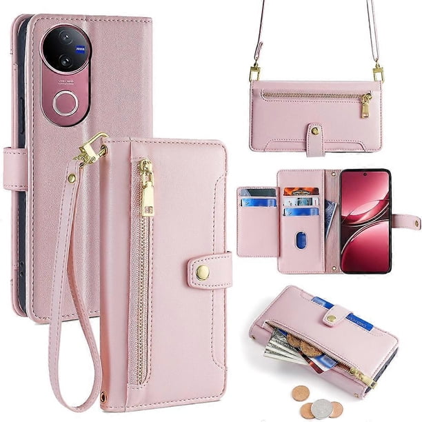 For vivo V50 5G Leather Case Zipper Pocket Wallet Phone Cover with 2 Straps - Grey
