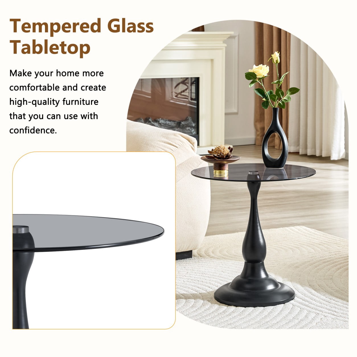 19.6" Round Side Table, Black Tempered Glass Top with Gray Metal Base, Modern End Table, Nightstand, Sofa Table for Living Room Bedroom