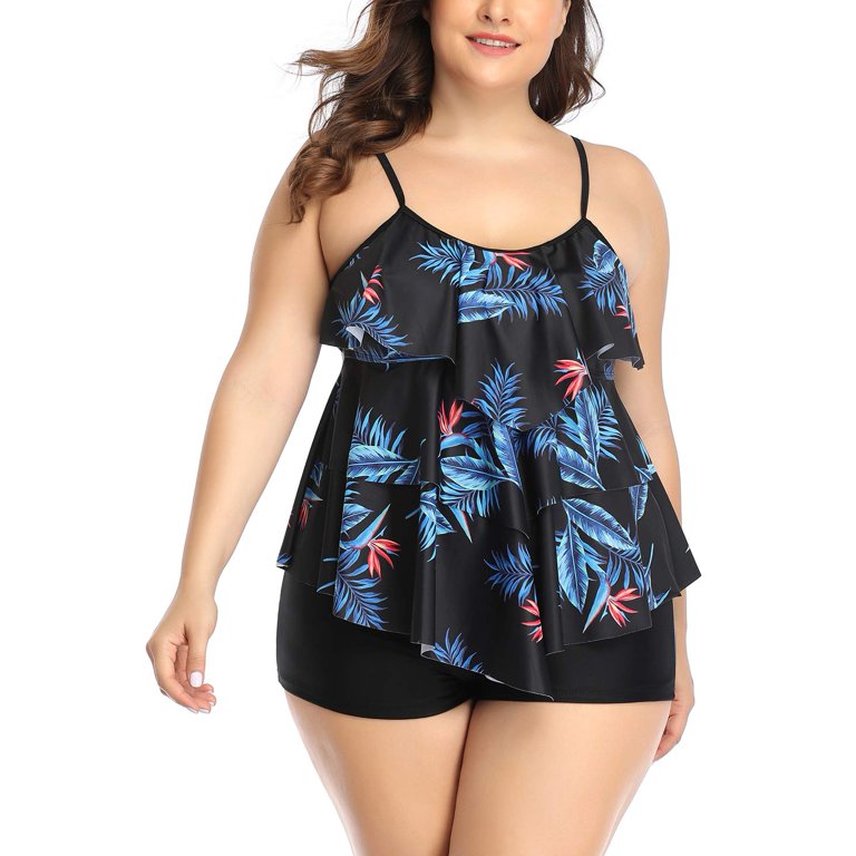 B2prity Women Plus Size Tankini Swimsuits Tummy Control Two Piece Bathing  Suit Ruffled Flounce Swimwear with Shorts 