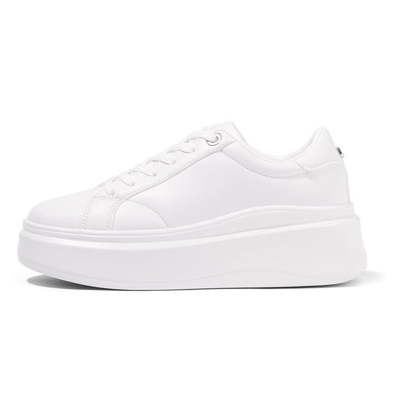 LUCKY STEP Fashion Chunky Faux Leather Sneakers Low Top Casual Shoes,White,Womens