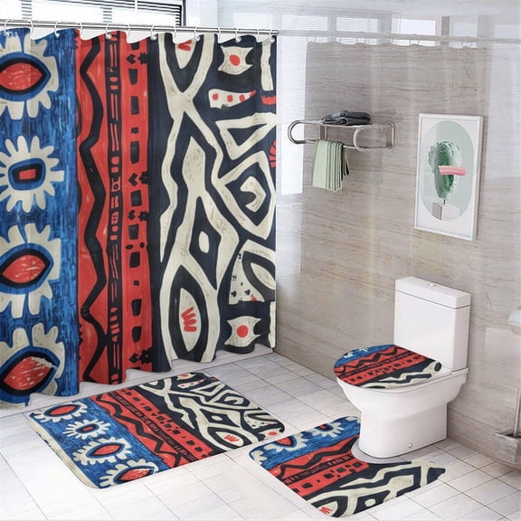 Shower Curtain 4 Piece Set African Animal Print Bathroom Sets with Curtain Rug Toilet Cover And U Shaped Mat Geometric Vintage Bathroom Accessories Set Decor with 12 Hooks 72inch X 72inch