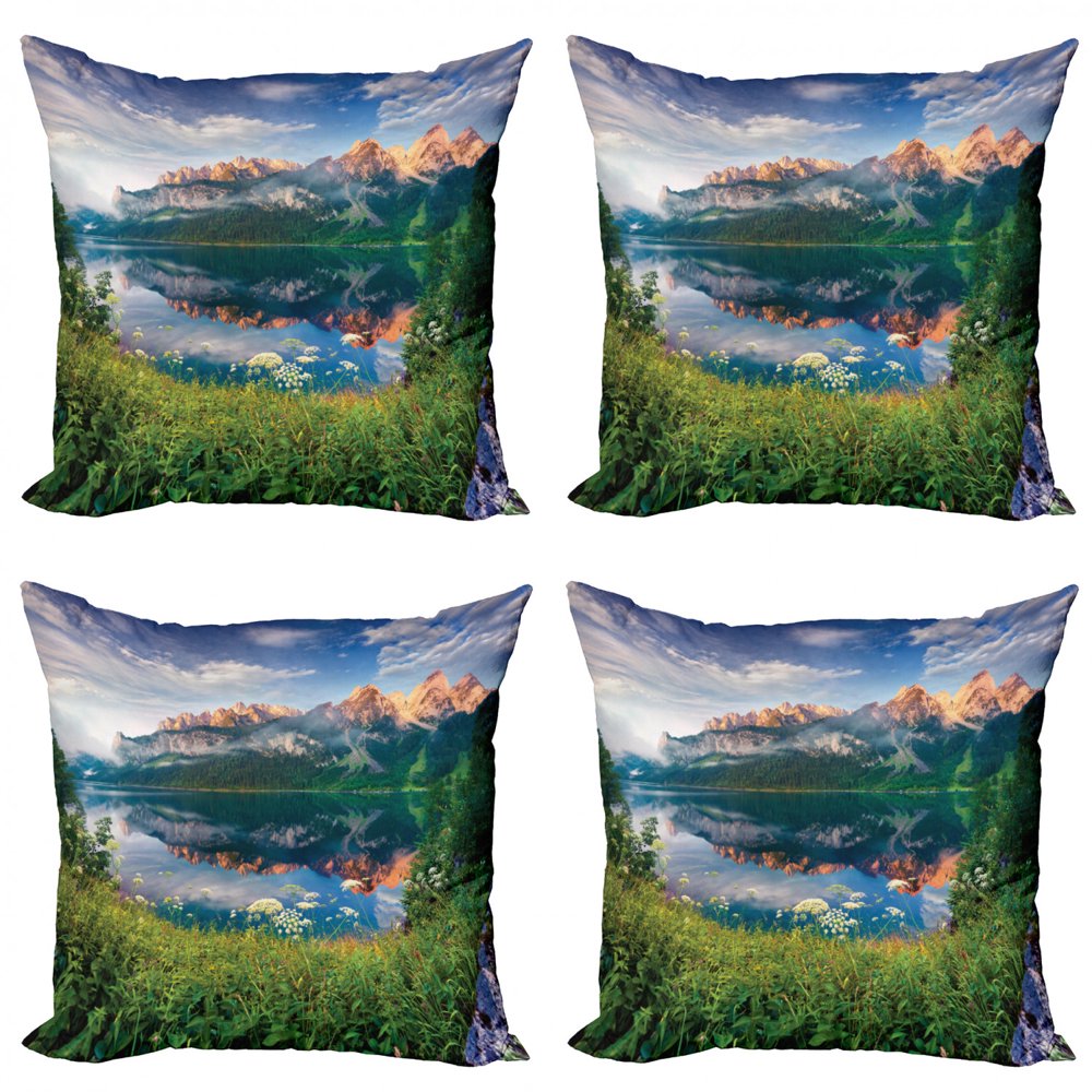 Mountain Throw Pillow Cushion Case Pack of 4, Sunny Summer Morning on