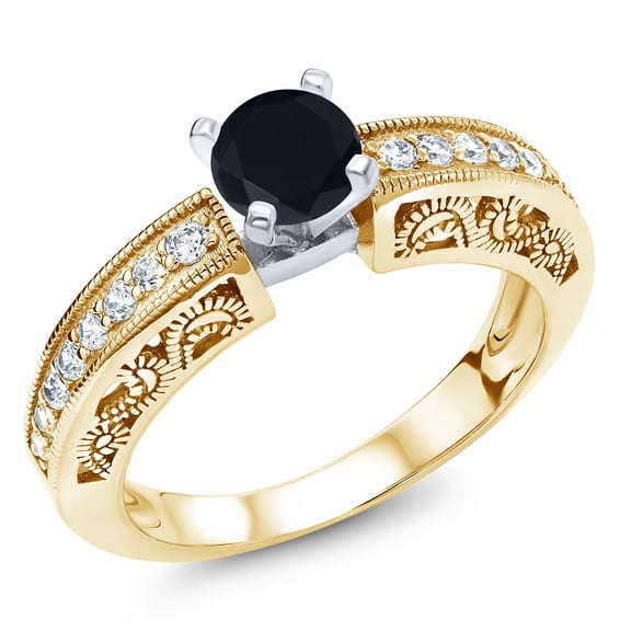 Gem Stone King 1.39 Ct Round Black Onyx 18K Two-Tone Plated Sterling Silver Ring (Size 6)
