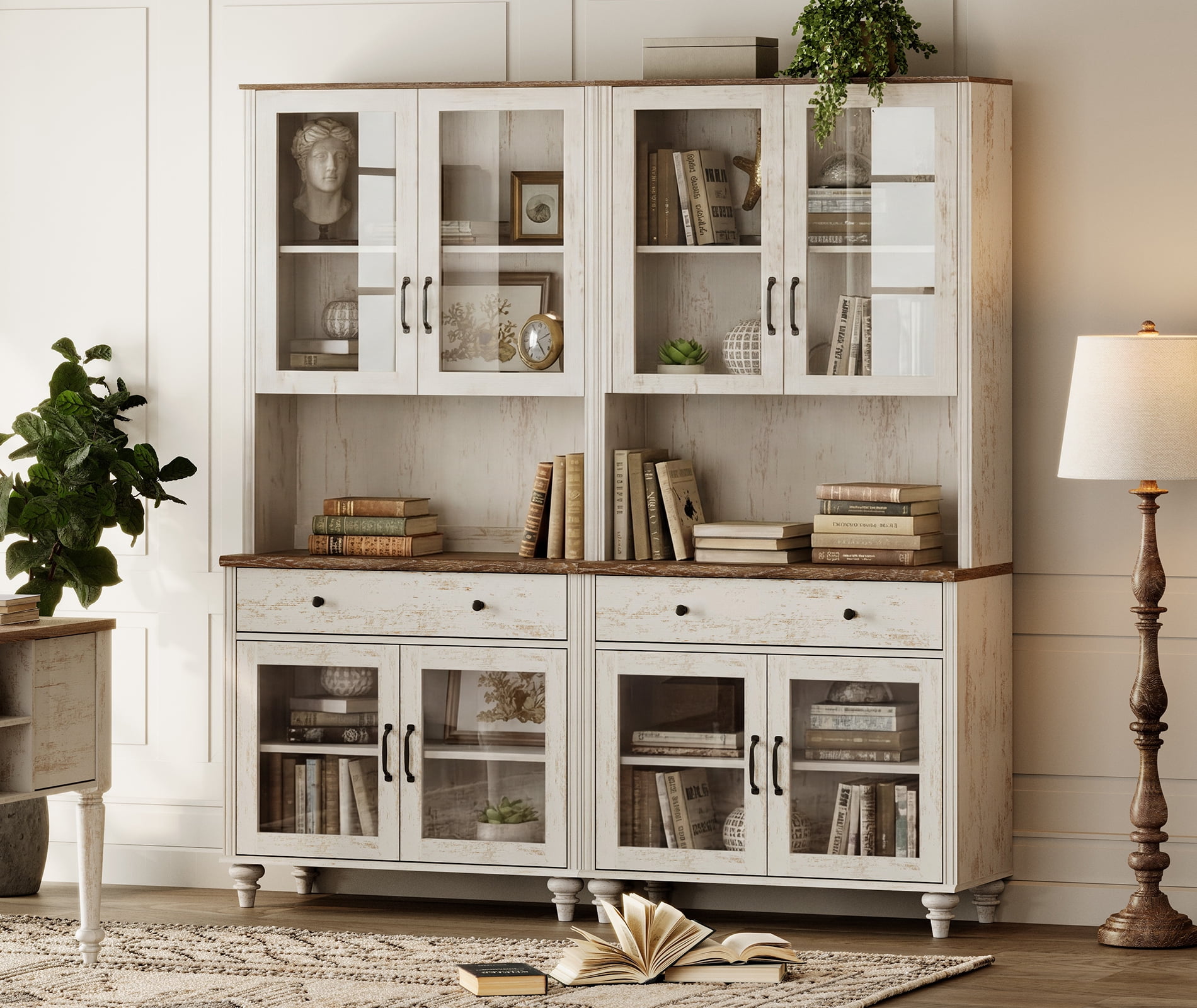 72.1"H × 67.7"W Bookcase with Glass Doors and Drawer, Large Farmhouse Bookcase with Bar Hutch, Suitable for Living Room, Bedroom, Home Office & Kitchen, Rustic white