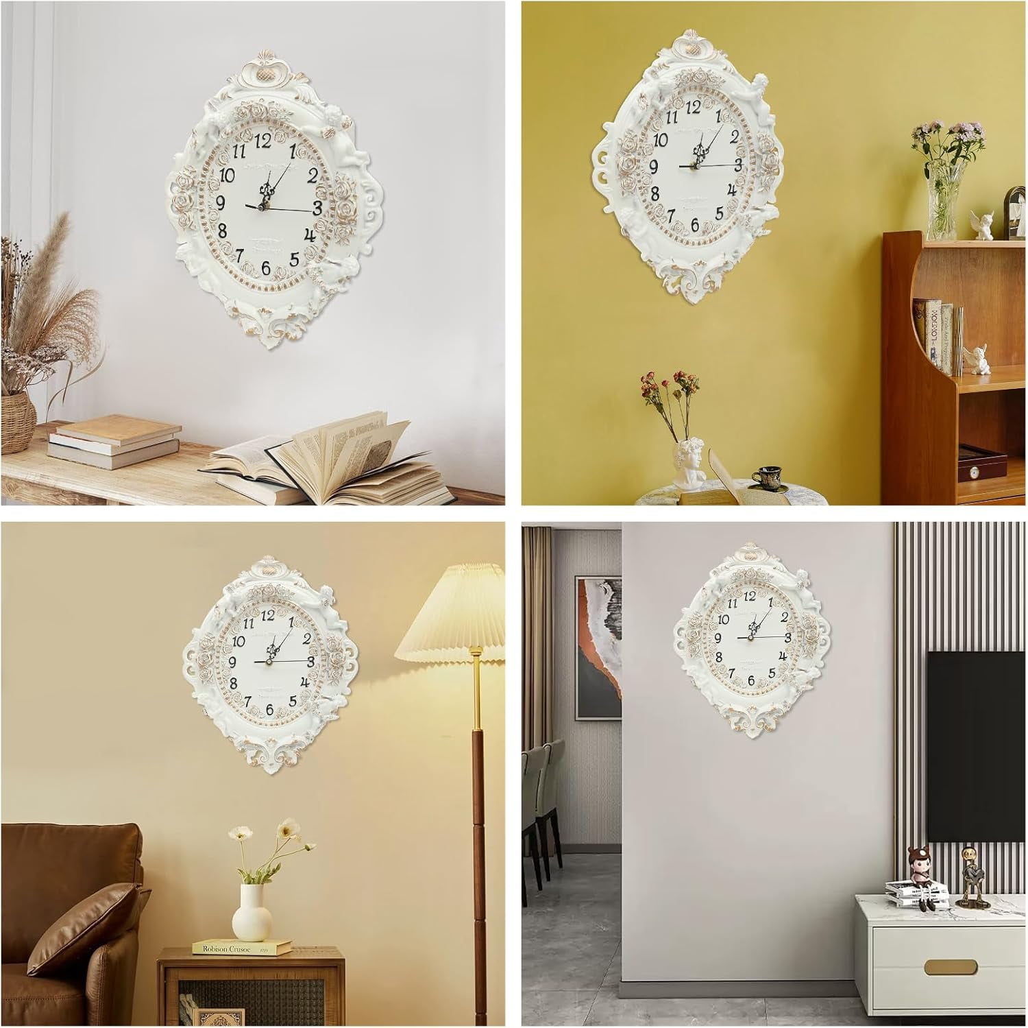 Decorative Wall Clock, European Style Off-White Ellipse Wall Clock for Home and Office Decor, Silent Quartz Movement Resin Wall-Mounted Clock for Living Room