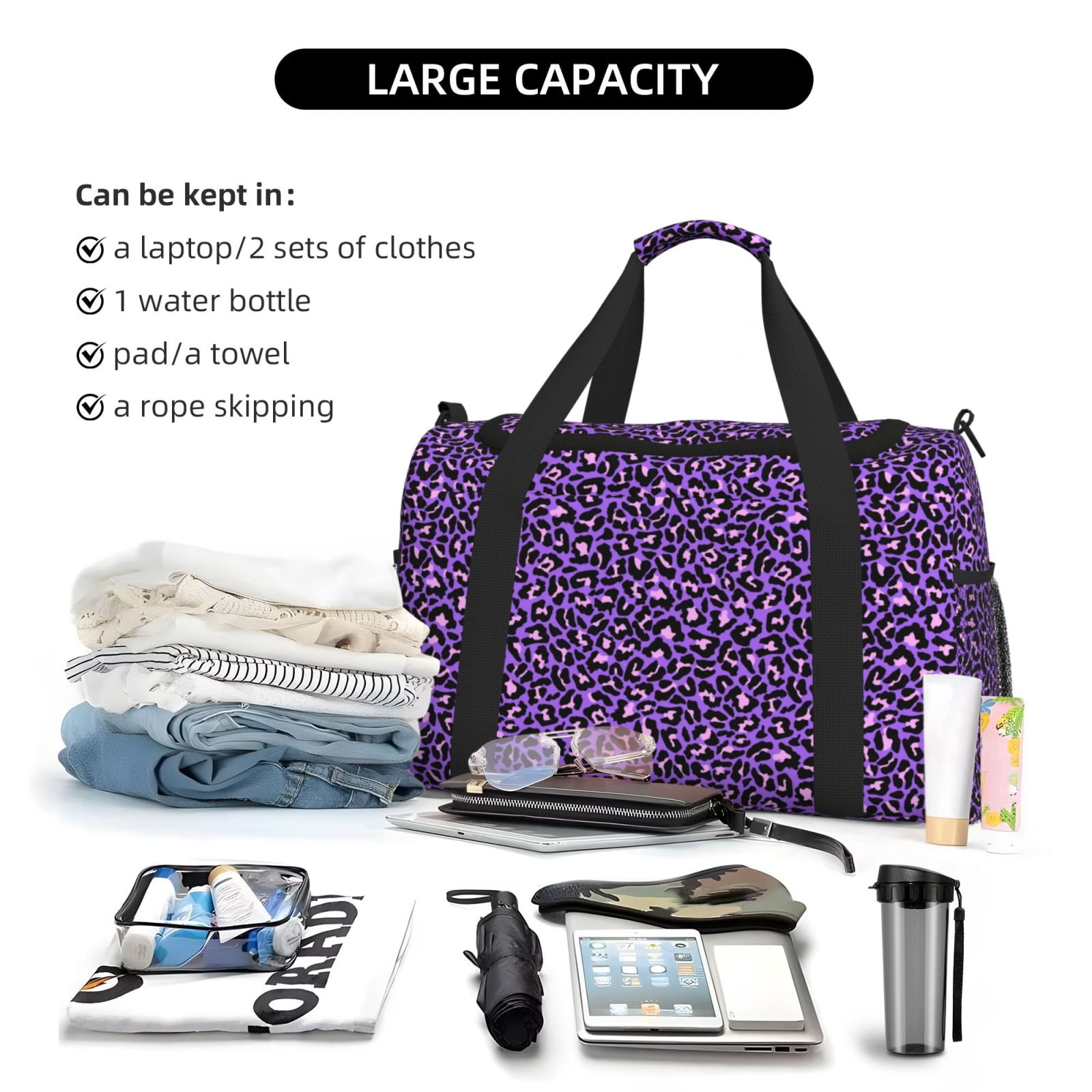 Defioc Purple Leopard Print Hand Travel Bag - Foldable Travel Duffel Bags for Men Women -Sport Gym Bag - Overnight Travel Duffel Bag - Adjustable Shoulder Strap