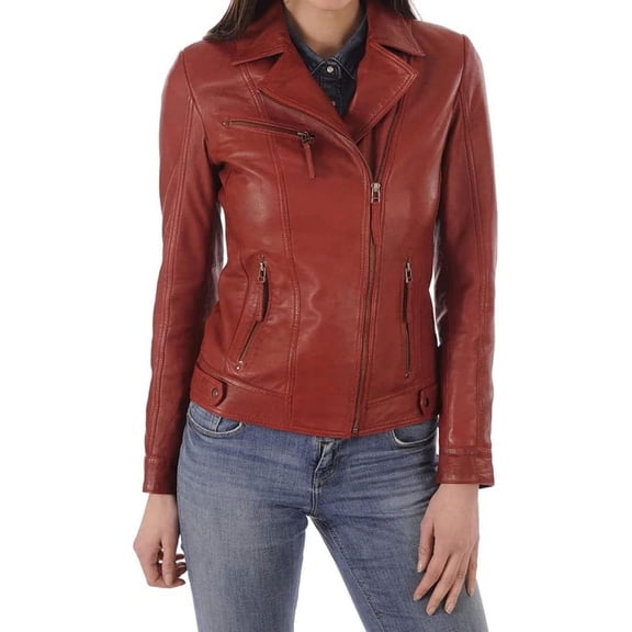 Women's Genuine Red Lambskin Leather Jacket Motorcycle Slim fit Biker Jacket W162