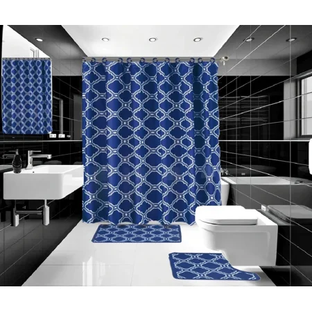 Gorgeous Home Linen Honeycomb Print 15-Piece Bath Bundle Includes Fabric Shower Curtain 12 Fabric Hooks and 2 Rugs (Navy Blue)