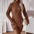 thumbnail image 3 of Women's Sweater Dress Knit Dress Long Sleeve Turtleneck Solid Color Cable Knit Casual Winter Dress for Holiday,Brown,M, 3 of 7