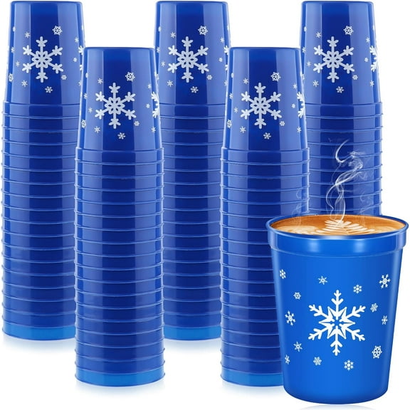 Christmas Party Cups 12 oz Plastic Soda Cups Reusable Blue Glass Round Beverage Disposable Glass for Party Drinking Snowflake Tumbler for Birthday Picnic Indoor Outdoor Event(12 Pieces)