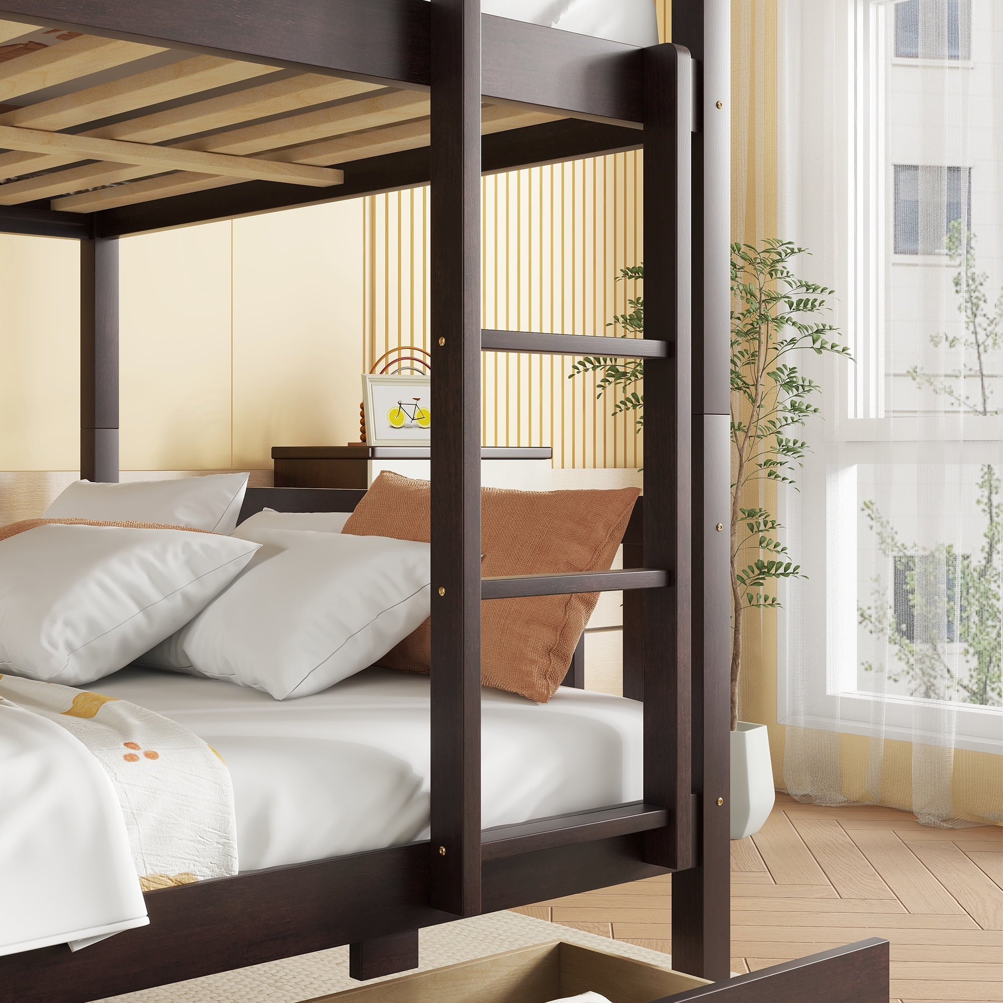 Sailvan full Over full Rubber Wood Bunk Bed with 2 Drawers, Convertible into 2 full Beds with Ladder