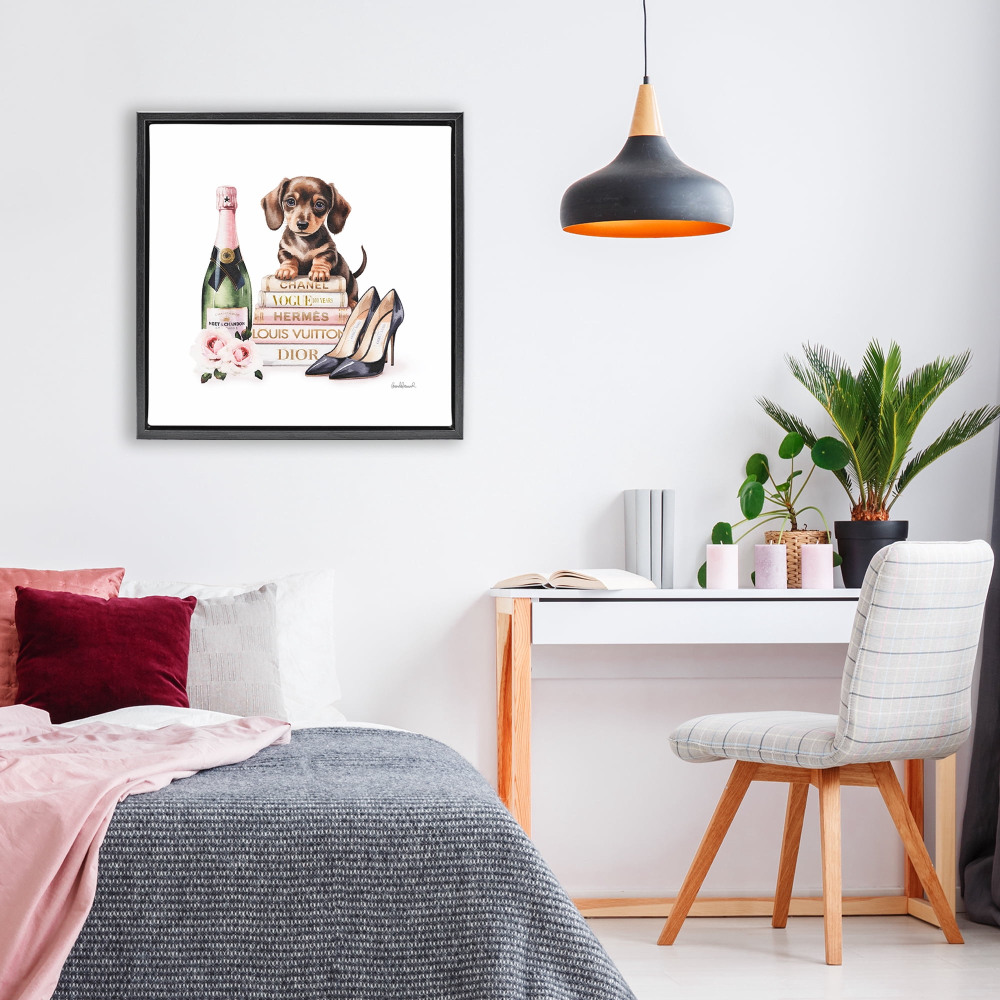 Stupell Industries Luxury Books & Puppy Black Framed Floater Canvas Wall Art, design by Amanda Greenwood