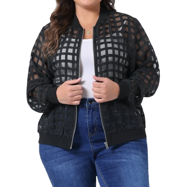 Chaqueta bomber de talla grande para mujeres, con mangas largas, cuello de béisbol, cierre de cremallera, 3X, negra