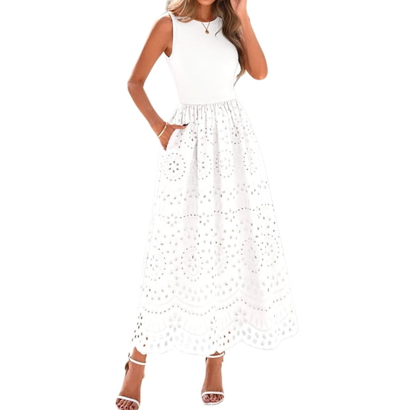 Women'S Summer Dresses Sleeveless Crewneck A-Line Boho Lace Eyelet Tank Maxi Dress with Pockets White M