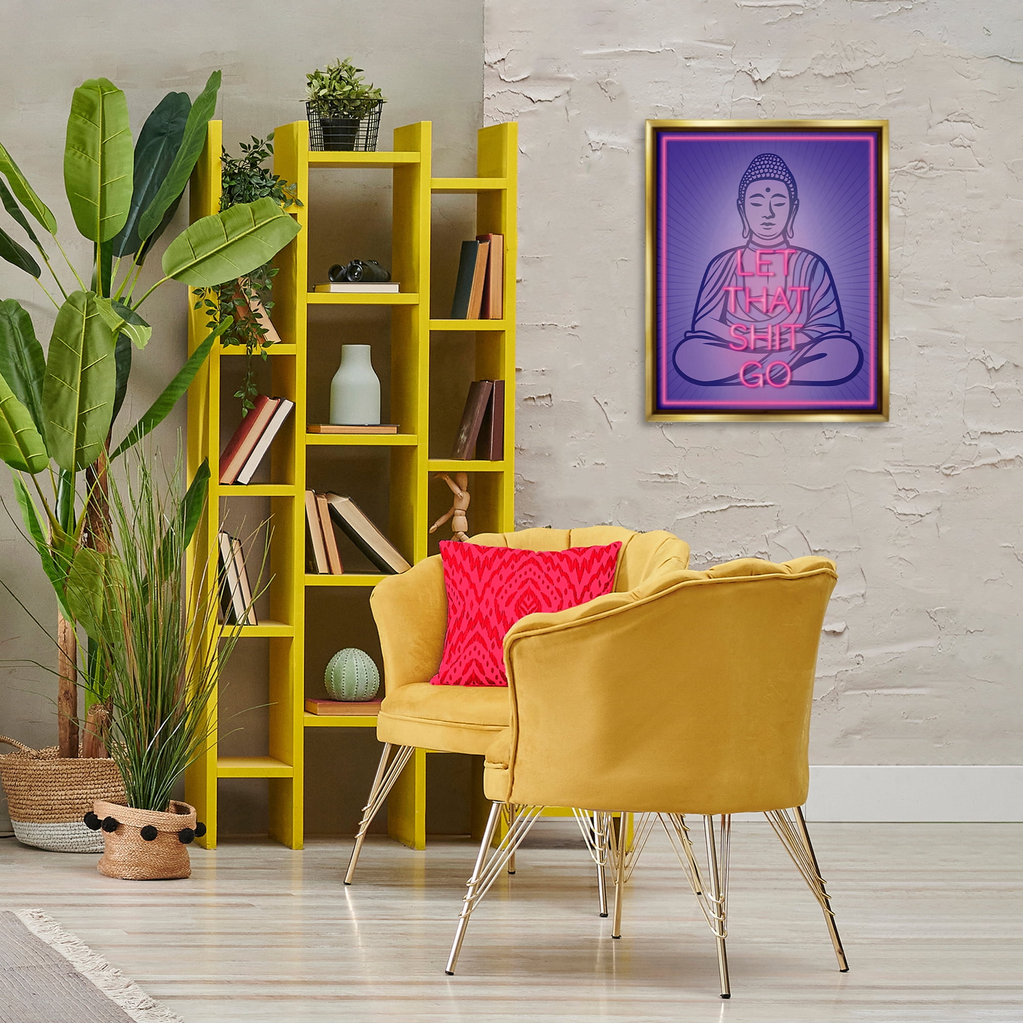 Stupell Industries Let That Sh*t Go Meditation Novelty & Humor Painting Gold Floater Framed Canvas Art Print Wall Art, 17 x 21