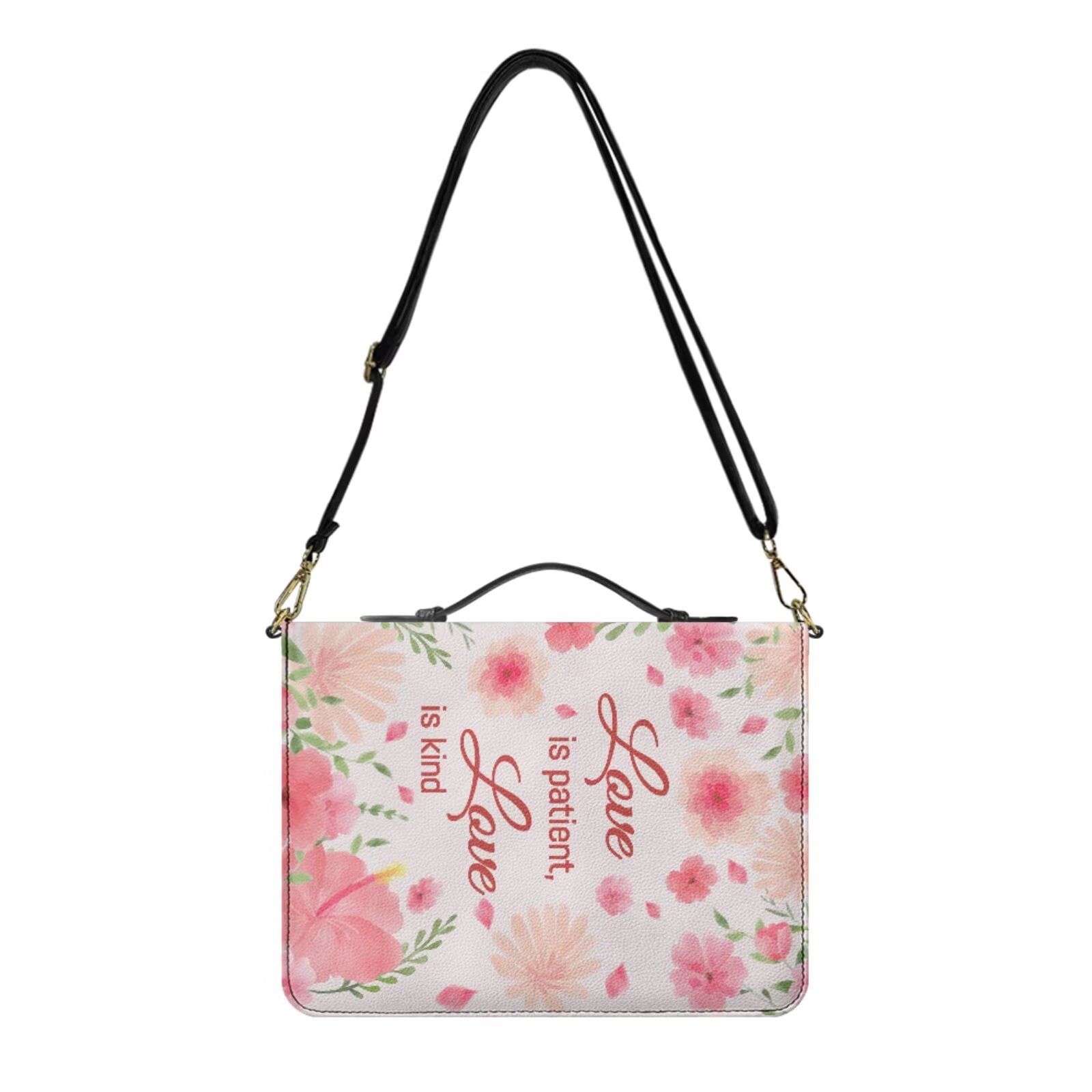 Kuiaobaty Floral Print Bible Cover Case for Women Leather Church Bag Scripture Case with Shoulder Strap Portable Mens Christian Study Accessories with Bookmark for Church, Pink