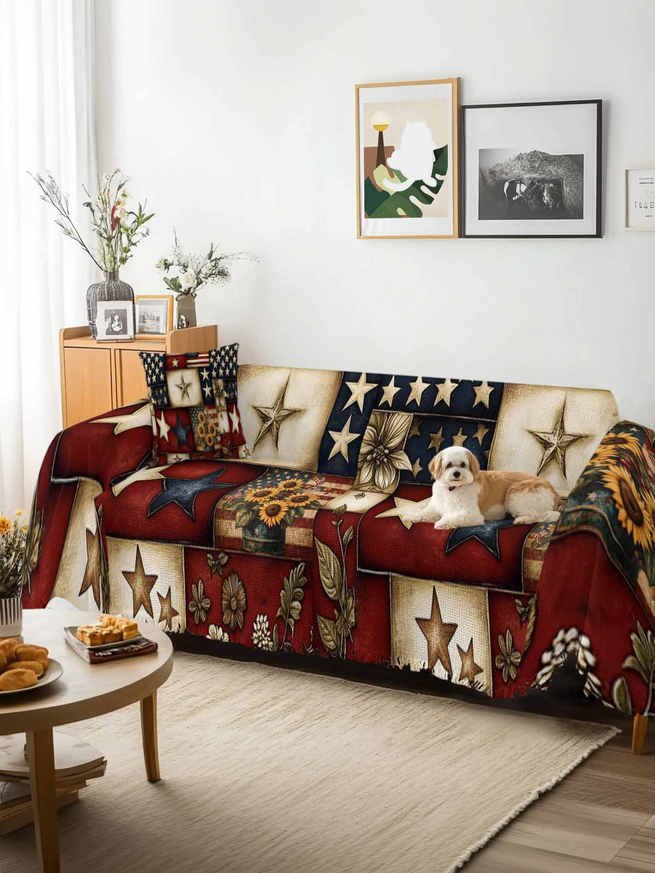 American Flag Sofa Covers for 2-3 Cushion Couch L-Shaped Sectional, Texas Star Farmhouse Sunflowers Blue Red Washable Sofa Covers Slipcover for Living Room Furniture, Couch Cover Blanket 71"x134"