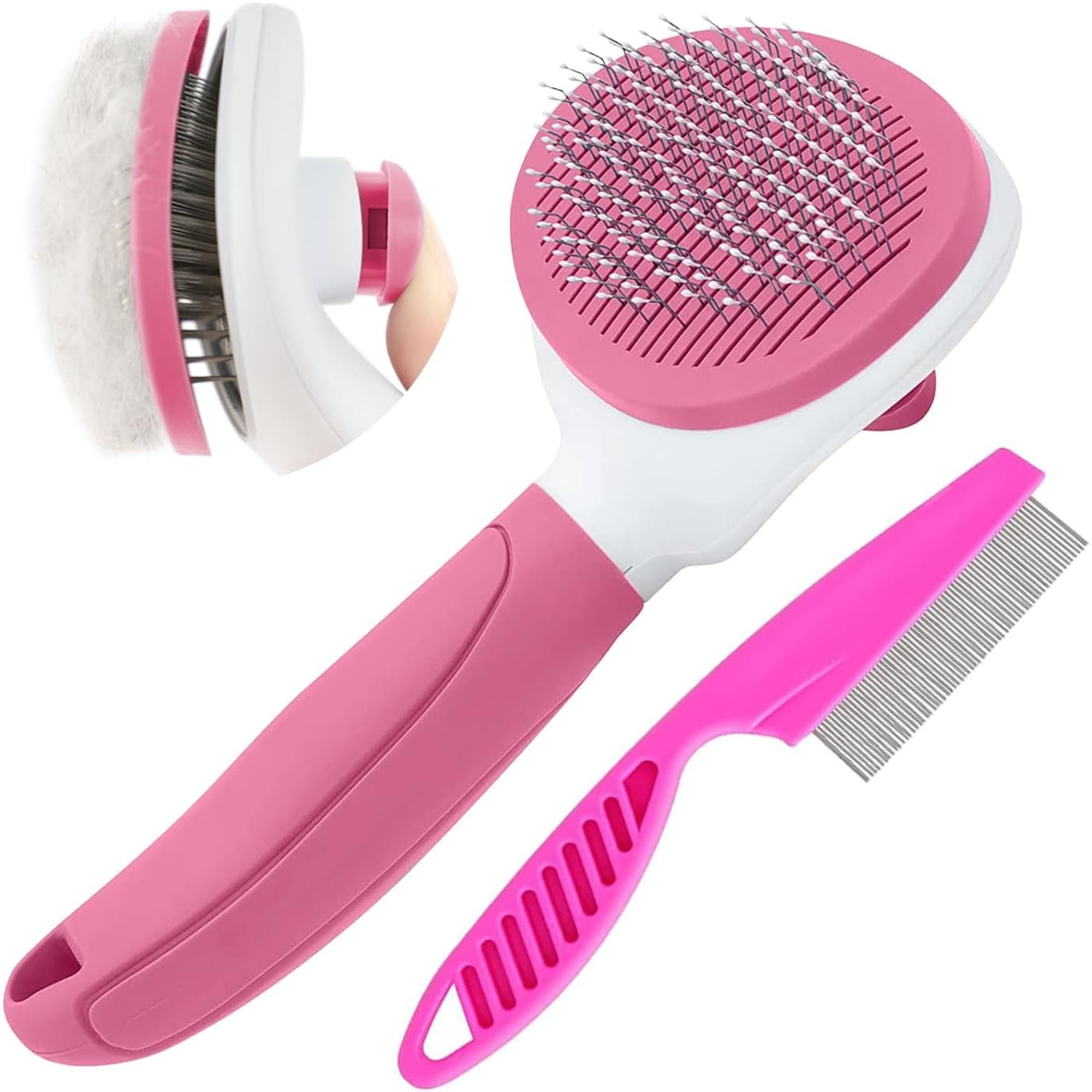 Cat Brushes for Indoor Cats Dog Brush for Shedding with Metal Cat Comb Self Cleaning Pet Hair Brush with Release Button for Grooming Kitten(Pink)