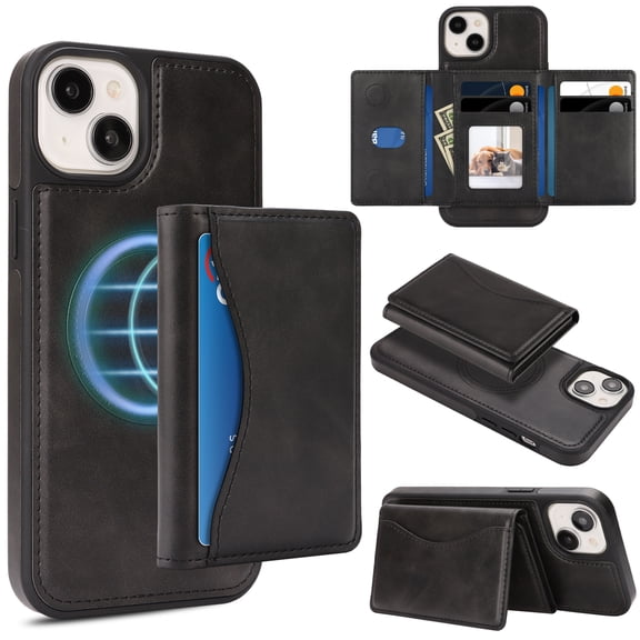ELEHOLD Detachable Wallet Case for iPhone 15, RFID Blocking Magnetic Shockproof Leather Phone Case with Kickstand and Card Slots,Black