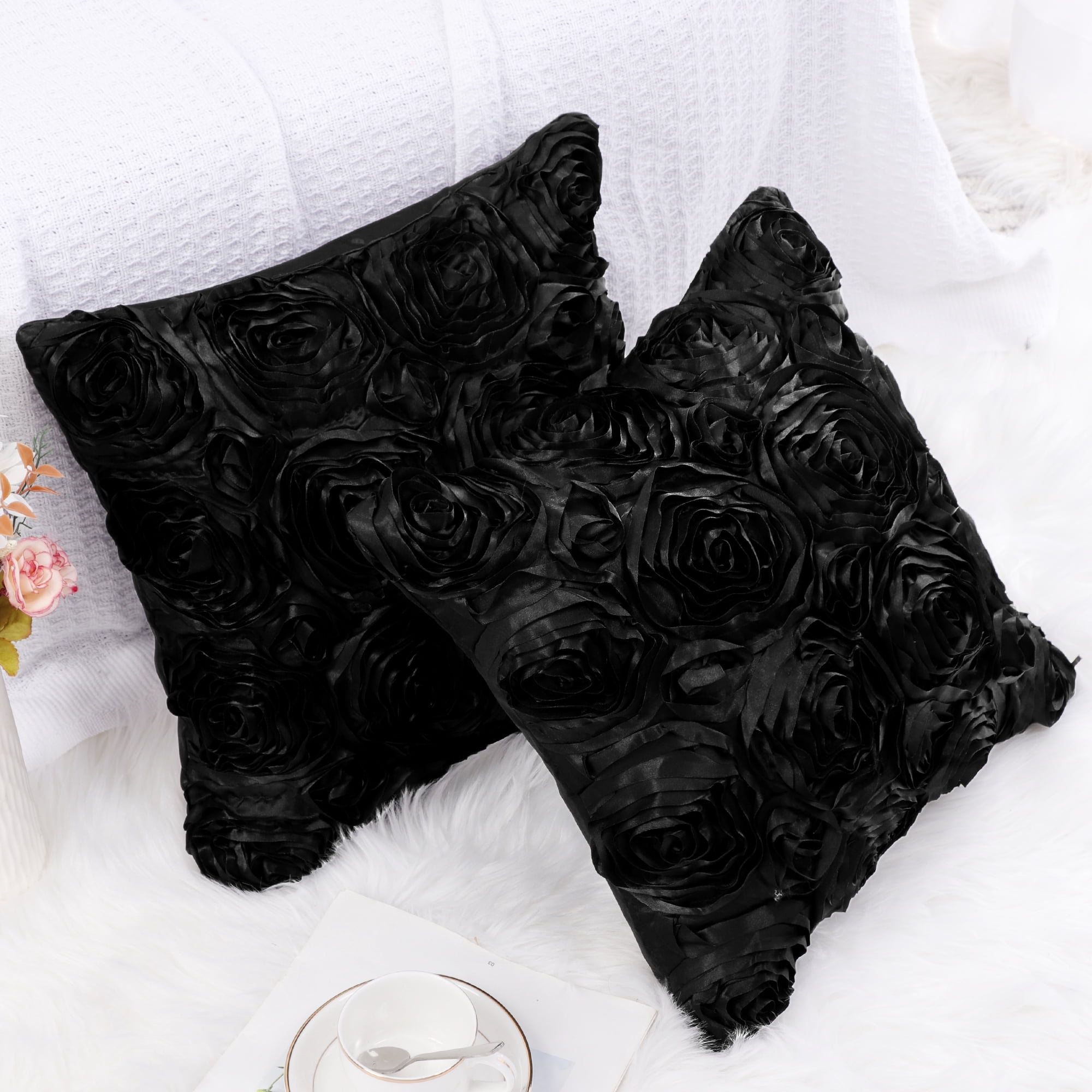 PiccoCasa Decorative Throw Pillow Covers 3D Satin Rose Flower Shells Cushion Covers, 2Pcs, 16"x16" Black
