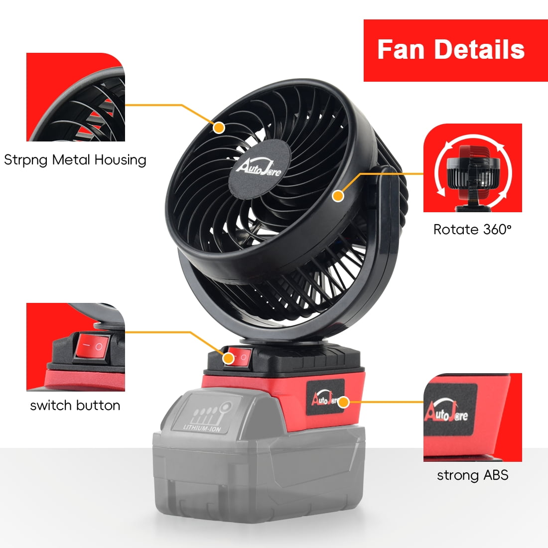 Portable Cordless Fan Fit for Milwaukee Battery, Battery Powered 360° Roating Fan Brushless Motor with 2 USB Charging Interface For Household, Office, Camping (No Battery)