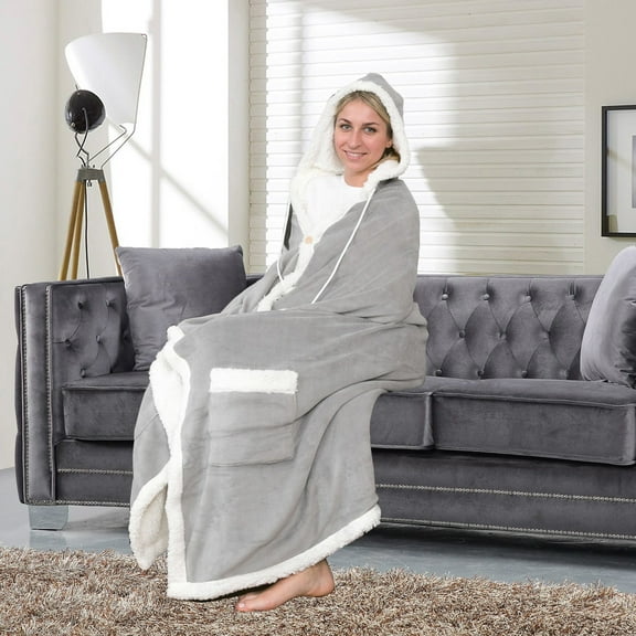 Nava Snuggle Hoodie Robe Cozy Super Soft Ultra Plush Micromink Sherpa Lined Wearable Blanket