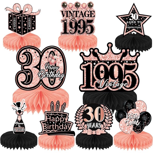 czcpp-9 Pcs 30th Birthday Decorations For Men Women, Honeycomb Centerpieces For Table Rose Gold Birthday Decorations, Happy Birthday Decorations, Honeycomb Table Topper For Birthday Party Decorations