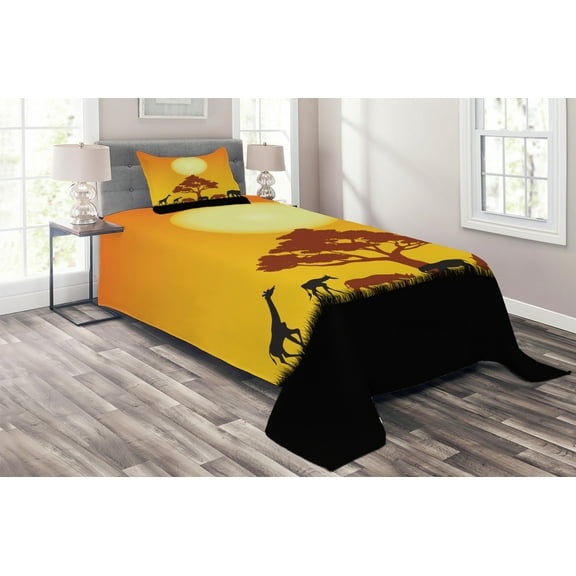 Ambesonne Savannah Quilted Coverlet 2 Pcs, Wildlife Animals Elephants, Twin Size, Chocolate Orange and Black