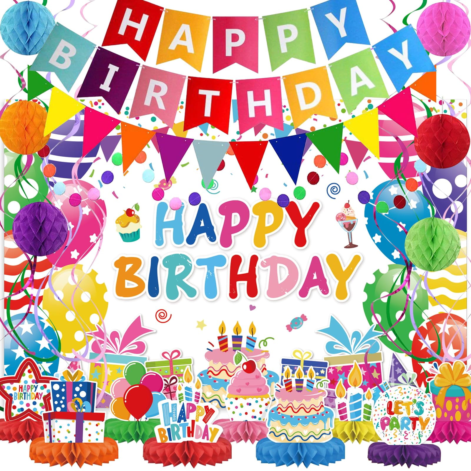 Birthday Decorations Kit Complete Happy Birthday Party Supplies Set with Banner Honeycomb Balls Metallic Hanging Swirls Circle Garland Backdrop Cloth & Table Centerpieces Colorful Party Decor f