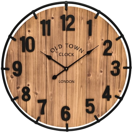 EMAX HOME 30 Large Wood Wall Clock, Silent Round Iron Frame Vintage Clock, Perfect for Living Room