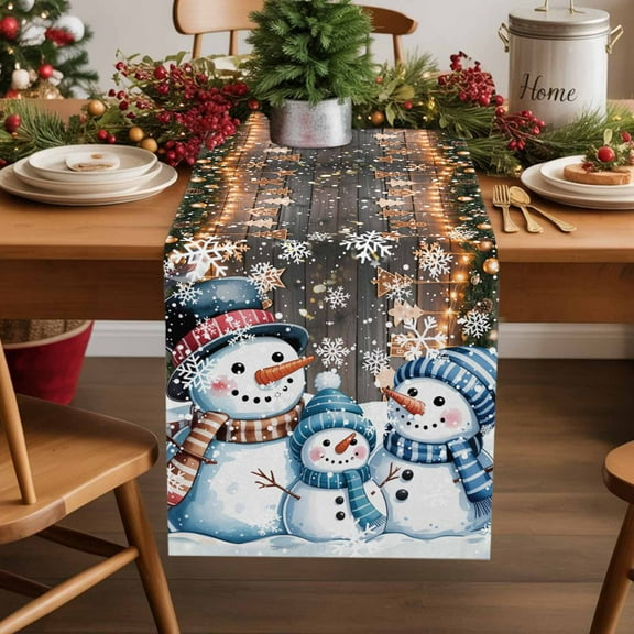 Burlap Table Runner 36 Inches Long,Christmas Snowman on Wood Non-Slip Kitchen Table Runners for Dining Room Everyday Use Party Table Decorations Brown Blue White