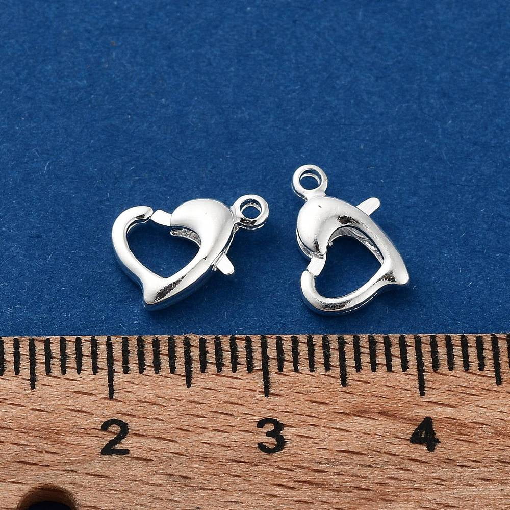 200pcs Brass Lobster Claw Clasps Heart 925 Sterling Silver Plated 10x7x2.5mm Hole: 1.2mm for Crafting