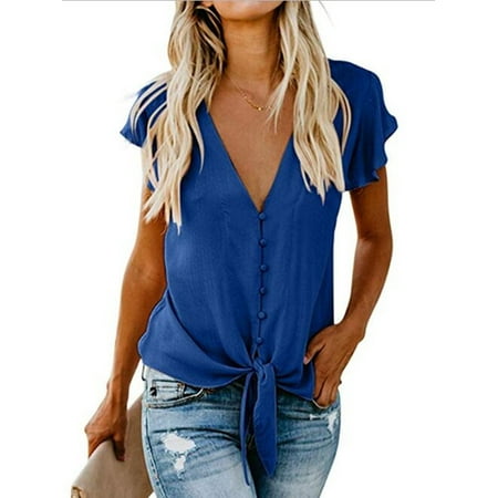 Wool Single Breasted 3 Button - T Shirts For Women Summer Chiffon Casual Shirt Single-Breasted Button Down V-Neck Ruffle Sleeve Tie Knot Solid Vest Blouses Tank Tops