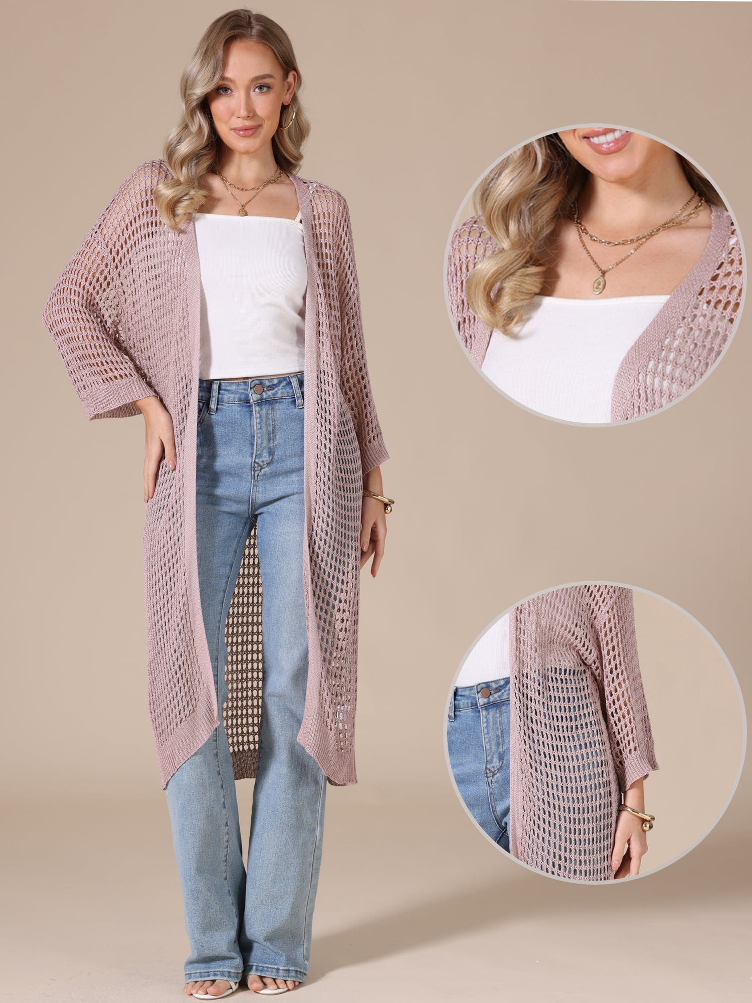 DARING DIVA Women's Long Sleeve Hollow Out Crochet Open Front Long Cardigan XL Pink