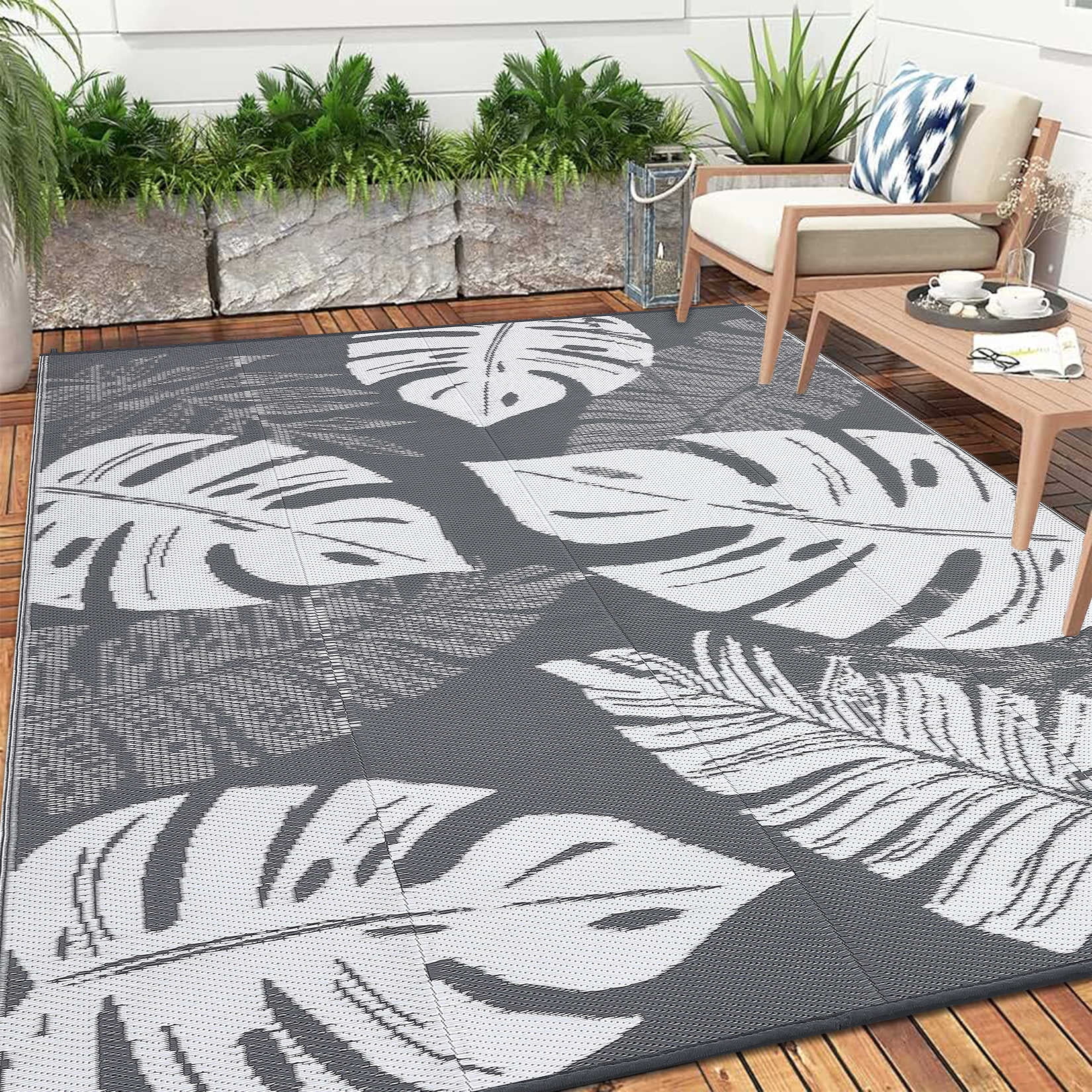 5*8ft/6*9ft/9*12ft/8*10ft/9*18ft/10*14ft/10*20ft Plastic Straw Rug Outdoor Rug Modern Leaves Area Rug Waterproof Patio Rug Outdoor Camping Rug for RV Porch Deck Camper Balcony Backyard