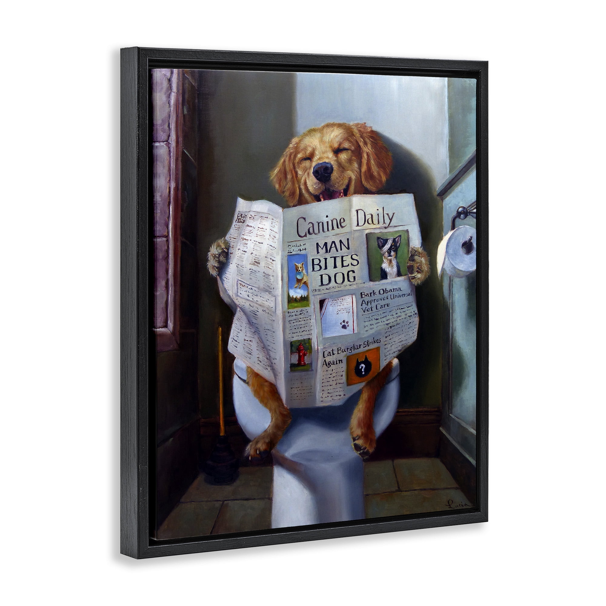 Stupell Industries Dog Reading the Newspaper On Toilet Funny Painting Jet Black Framed Floating Canvas Wall Art, 24x30, by Lucia Heffernan