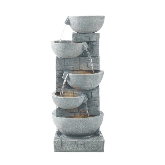 KFFKFF 31.5 inch Outdoor Water Fountain with LED Light, 5-Tier Cascading Bowls, Floor-Standing Waterfall Feature for Garden, Patio, Home, Backyard