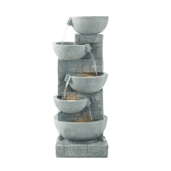 KFFKFF Outdoor Water Fountain, 31.5 in Height Fountain and Waterfall, 5-Tier Floor Standing Bowl-Shaped Cascading Fountains with LED Light and Pump, for Outdoor Indoor Garden, Home