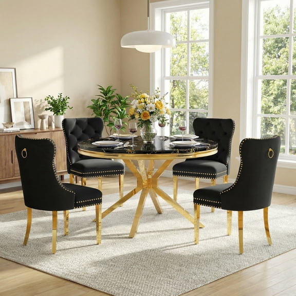 5-Piece Round Dining Set, Modern 46.85" Round Faux Marble Table with X-Shaped Stainless Steel Base and 4 Velvet Dining Chairs with Tufted Backrest, for Dining Room, Kitchen
