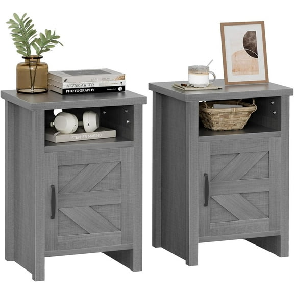Farmhouse Modern Nightstand with Shelf and Barn Door, Set of 2 for Bedroom, Gray