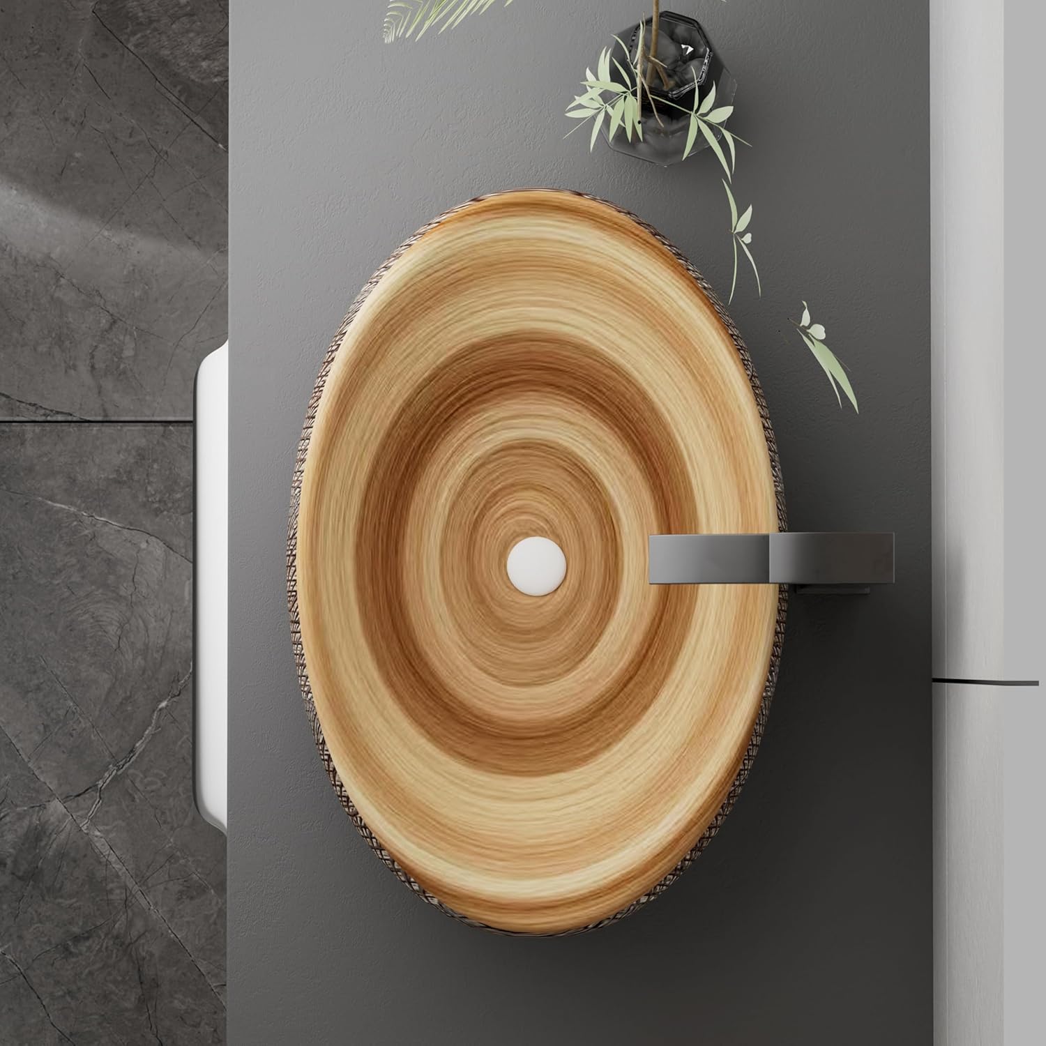 WinZo Bathroom Artistic Vessel Sink, 24x16x5.9 inch Oval Bowl Sink, Retro Ceramic Washbasin Above Counter, Ceramic Porcelain Bathroom Sink Bowl for Vanity, Carving Brown