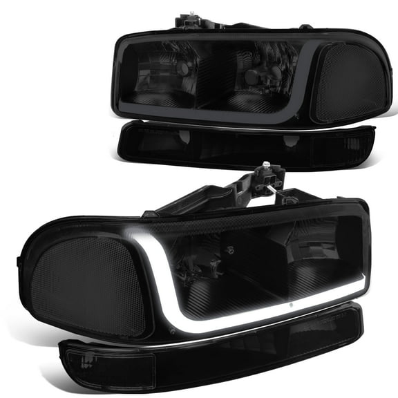 DNA Motoring For 99-07 GMC Sierra Yukon LED DRL Headlight w/Bumper Signal Lamp Pair Smoked Black
